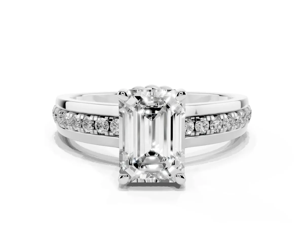 Emerald Cut Solitaire Diamond Ring with Channel Set Band and Six-Prong Setting Silver
