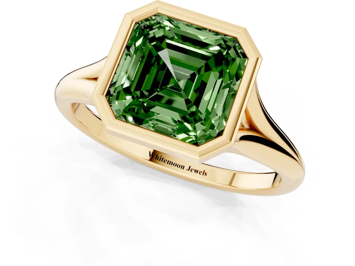 Fancy Green Bezel Set Asscher Cut Cut Solitaire Ring with Tapered Band Yellow gold