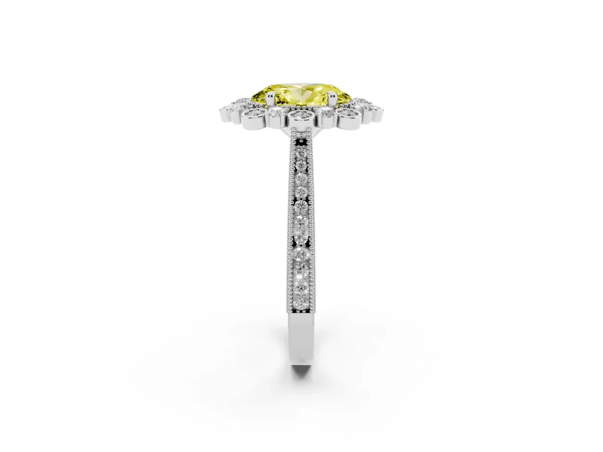 Fancy Yellow Oval Cut Halo Milgrain Pave Diamond Ring with Four-Prong Setting Silver