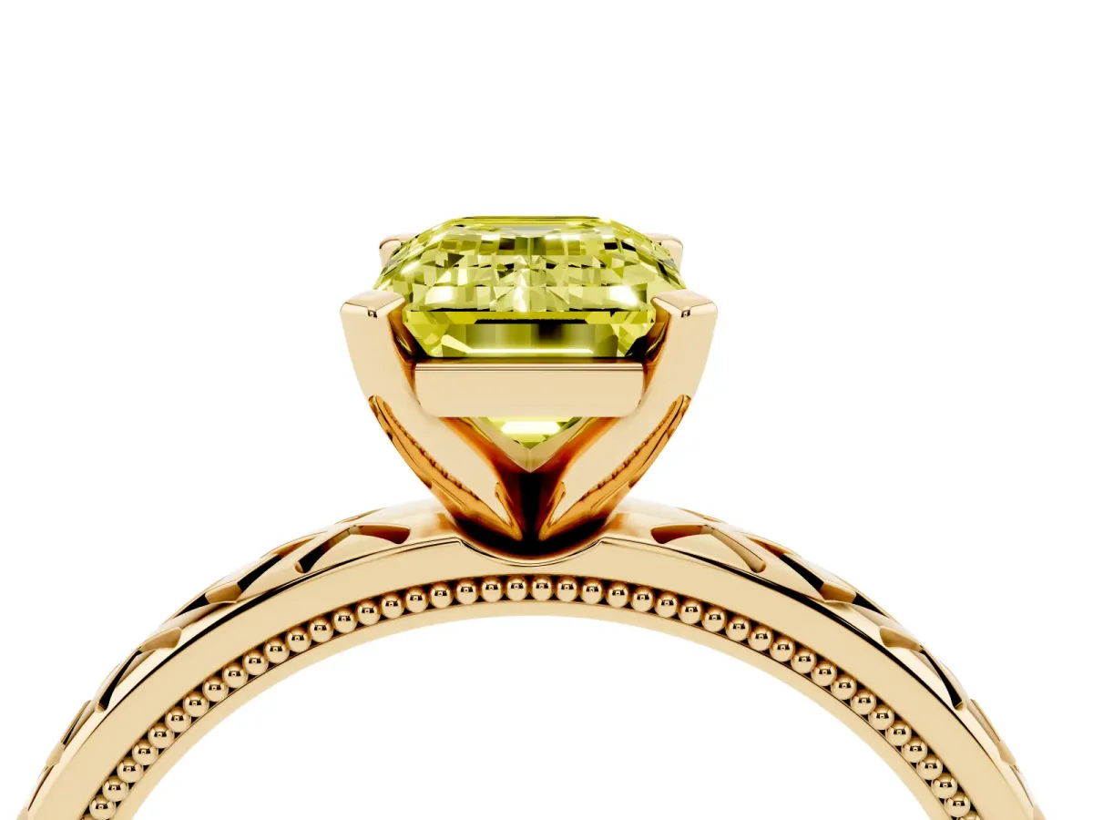 Fancy Yellow Emerald Cut Solitaire Diamond Ring with Milgrain and Black Enamel X Pattern Band Yellow gold