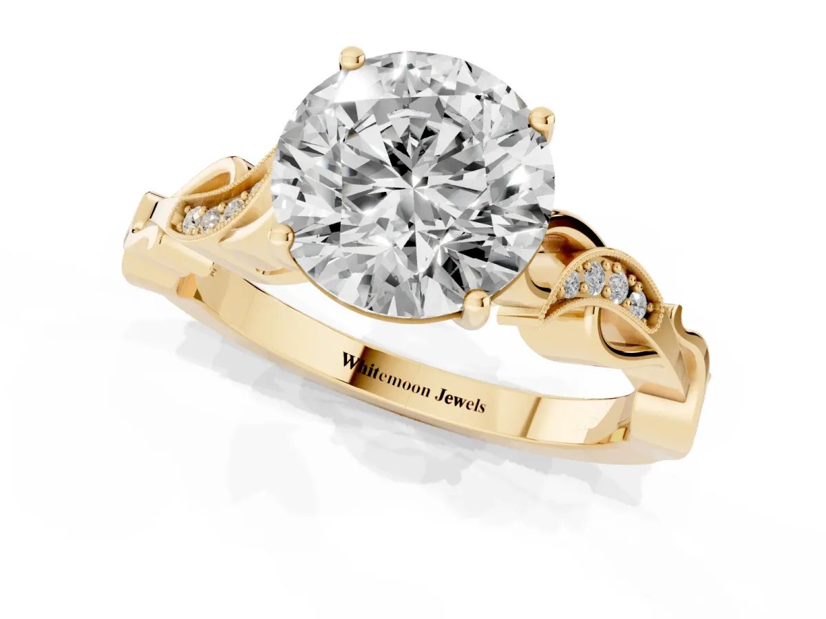Round Cut Solitaire Vine Band with Milgrain Prong Setting Yellow gold