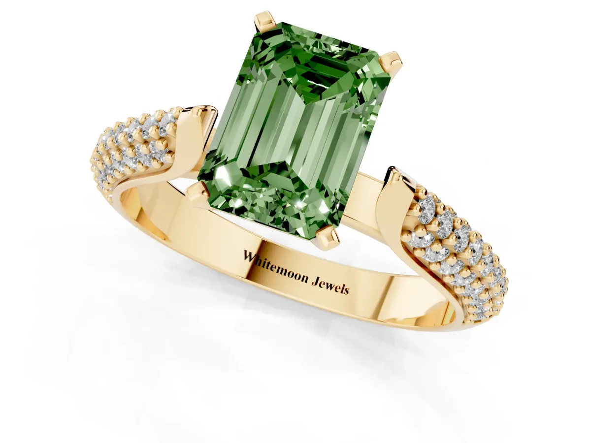 Fancy Green Emerald Cut Diamond Solitaire Engagement Ring with Multi-Row Round Pavé Band and Prong Setting Yellow gold