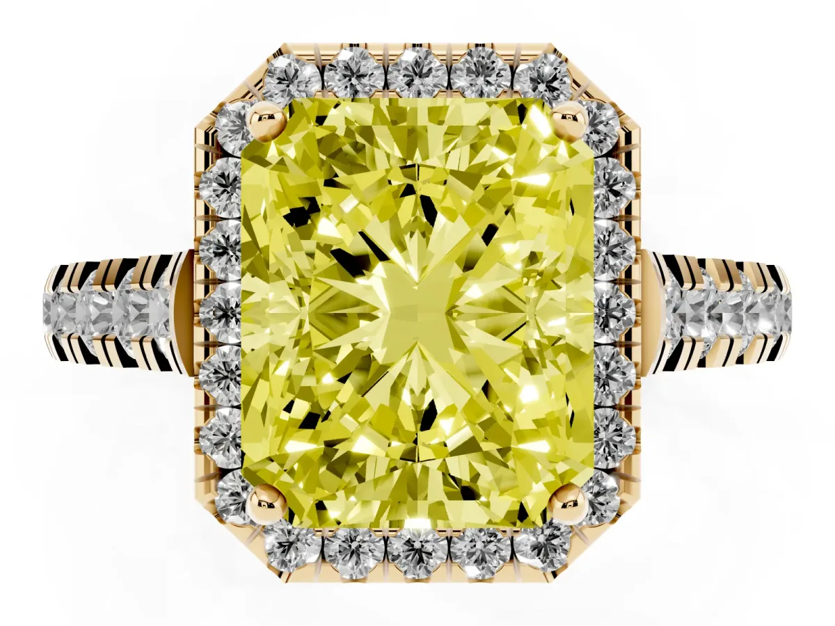 Fancy Yellow Radiant Cut Halo Pavé Diamond Engagement Ring with Four-Prong Setting Yellow gold