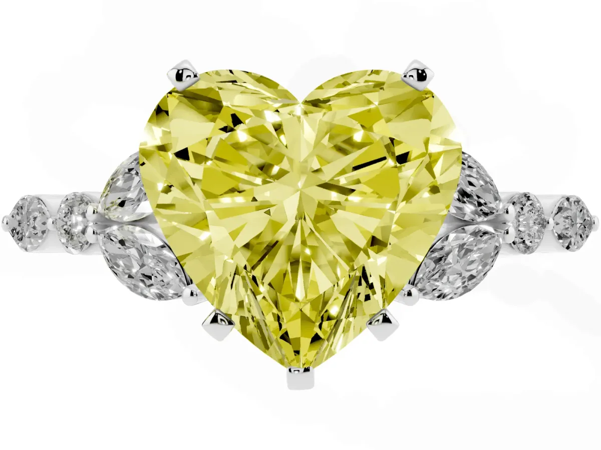 Fancy Yellow Heart Cut Diamond Solitaire Ring with Side Stones and Four-Prong Setting Platinum