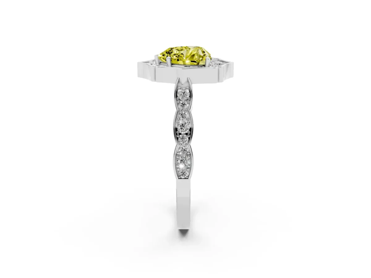 Fancy Yellow Heart Cut Halo Diamond Engagement Ring with Milgrain Band and Four-Prong Setting Platinum