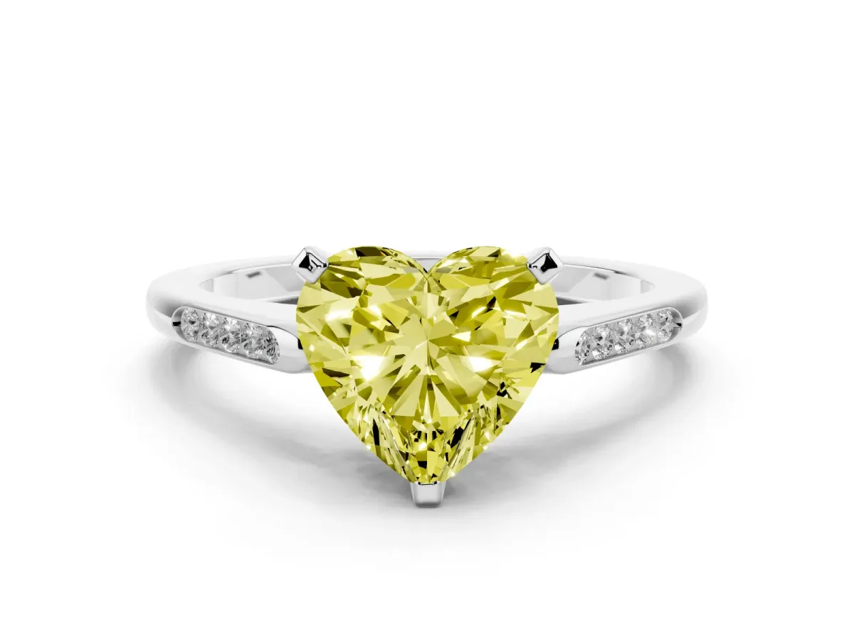 Fancy Yellow Heart Cut Diamond Solitaire Ring with Channel Set Round Band and Prong Setting Silver