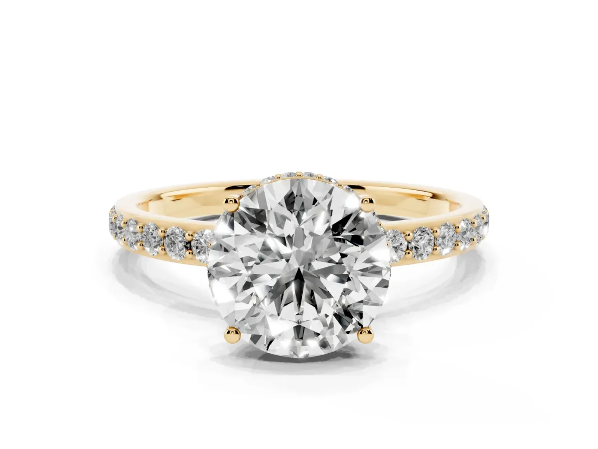 Round Cut Diamond Solitaire Ring with Pavé Band and Hidden Halo Yellow gold