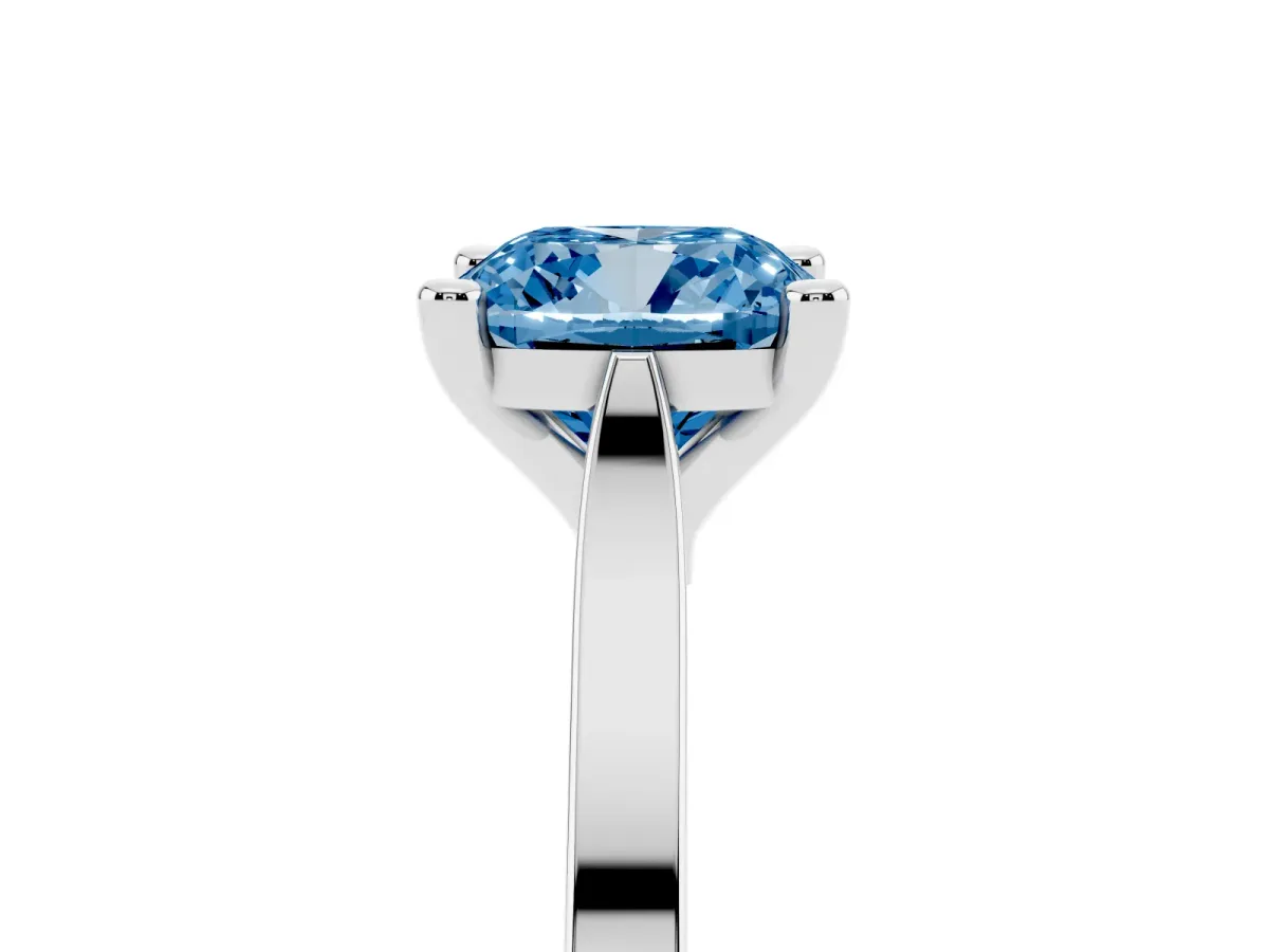 Fancy Blue Cushion Cut Solitaire Diamond Ring with Four-Prong Setting and Tapered Band Platinum