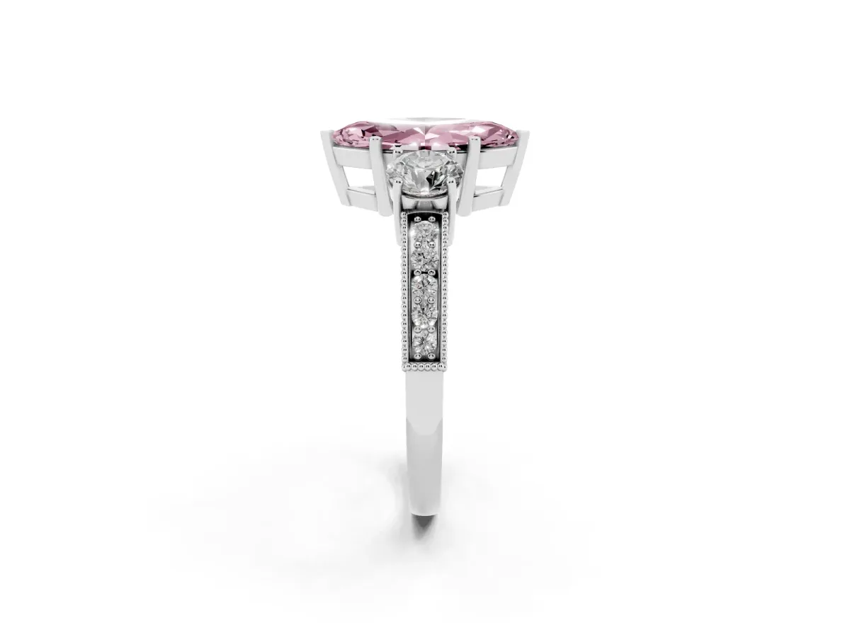 Fancy Pink Marquise Cut Three-Stone Diamond Ring with Pavé Band and Four-Prong Setting Silver