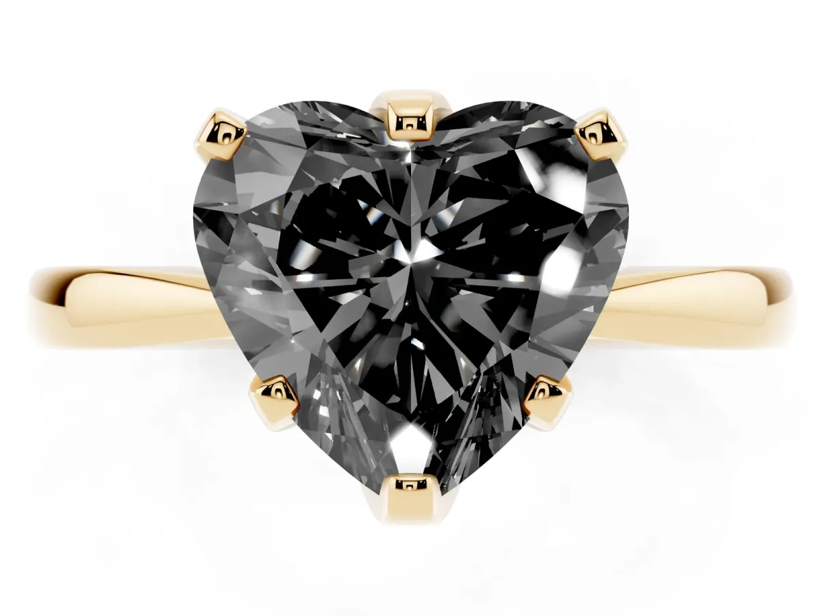 Fancy Black Heart Cut Solitaire Engagement Ring with Six-Prong Setting and Tapered Band Yellow gold