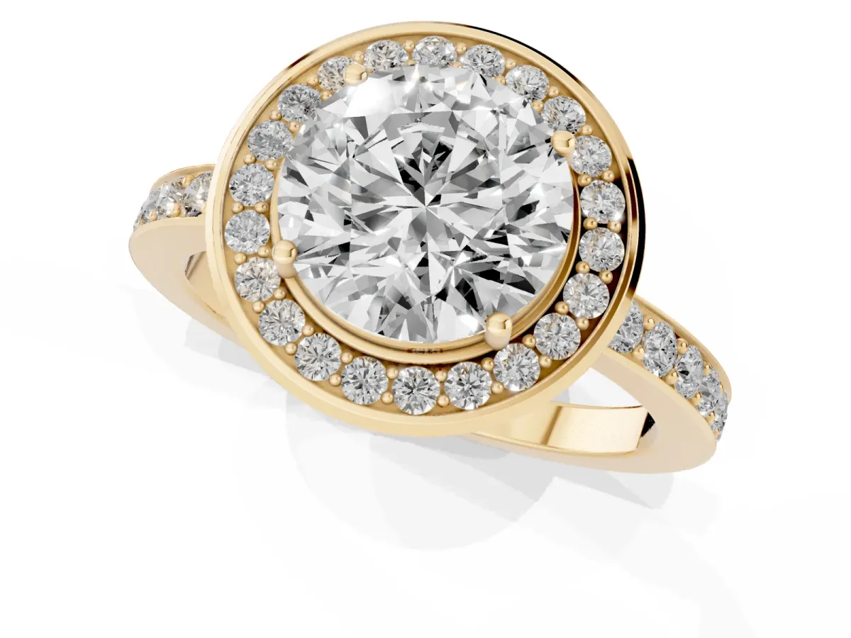 Round Cut Diamond Halo Ring with Bezel Frame and Pavé Band Yellow gold