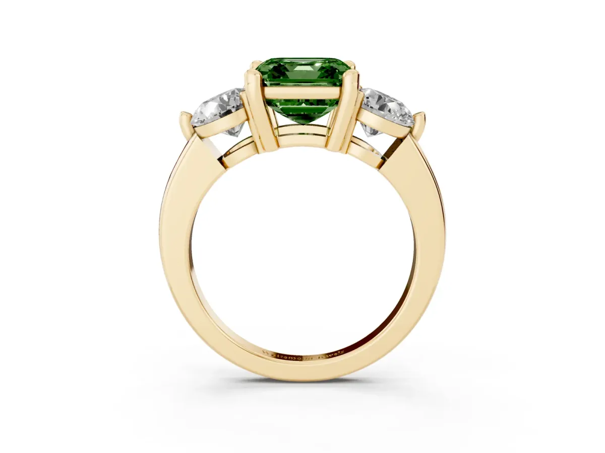 Fancy Green Three-Stone Asscher Cut Brilliant Cut Solitaire Ring with Prong Setting on a Classic Band Yellow gold
