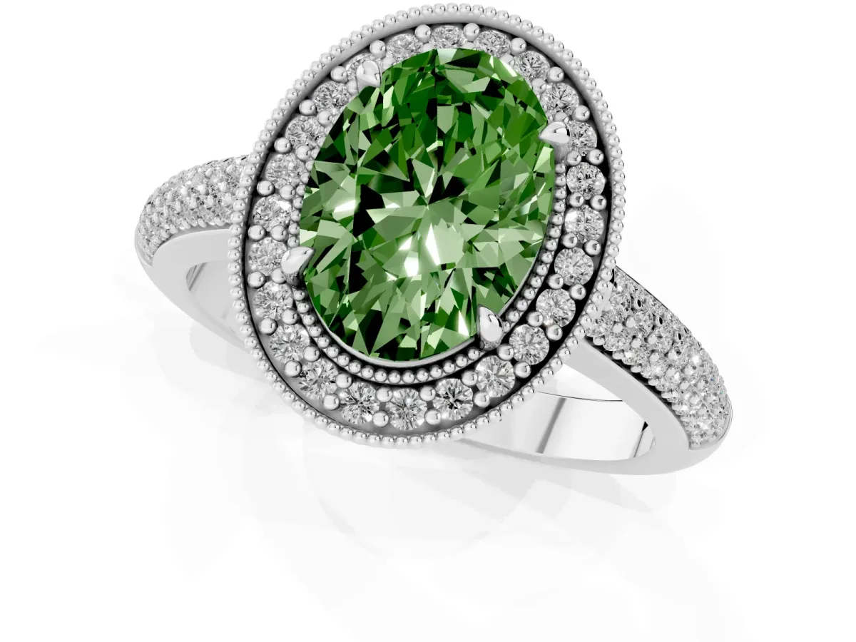Fancy Green Oval Cut Cut Halo Diamond Pave Band with Four-Prong Setting Silver