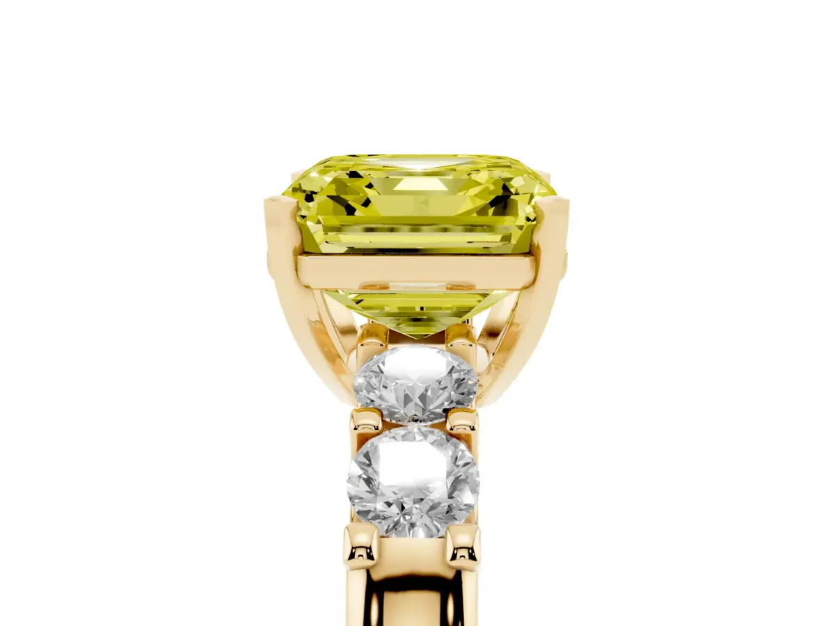 Fancy Yellow Asscher Cut Brilliant Cut Diamond Five-Stone Prong Set Engagement Ring with Channel Band Yellow gold