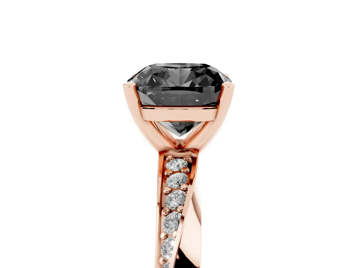 Fancy Black Cushion Cut Diamond Engagement Ring with Side Stone Accents and Four-Prong Setting Rose gold