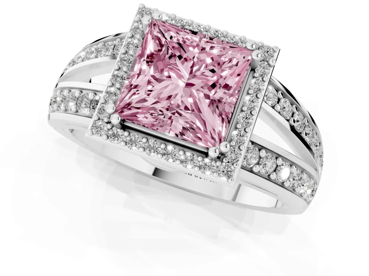 Fancy Pink Princess Cut Diamond Halo Ring with Split Shank Pavé Band and Four-Prong Setting Platinum