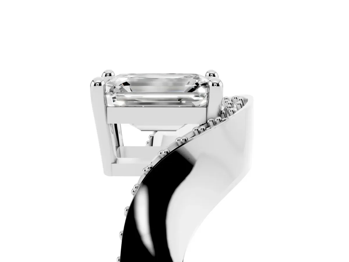 Emerald Cut Solitaire Diamond Engagement Ring with Pave Band and Four-Prong Setting Silver