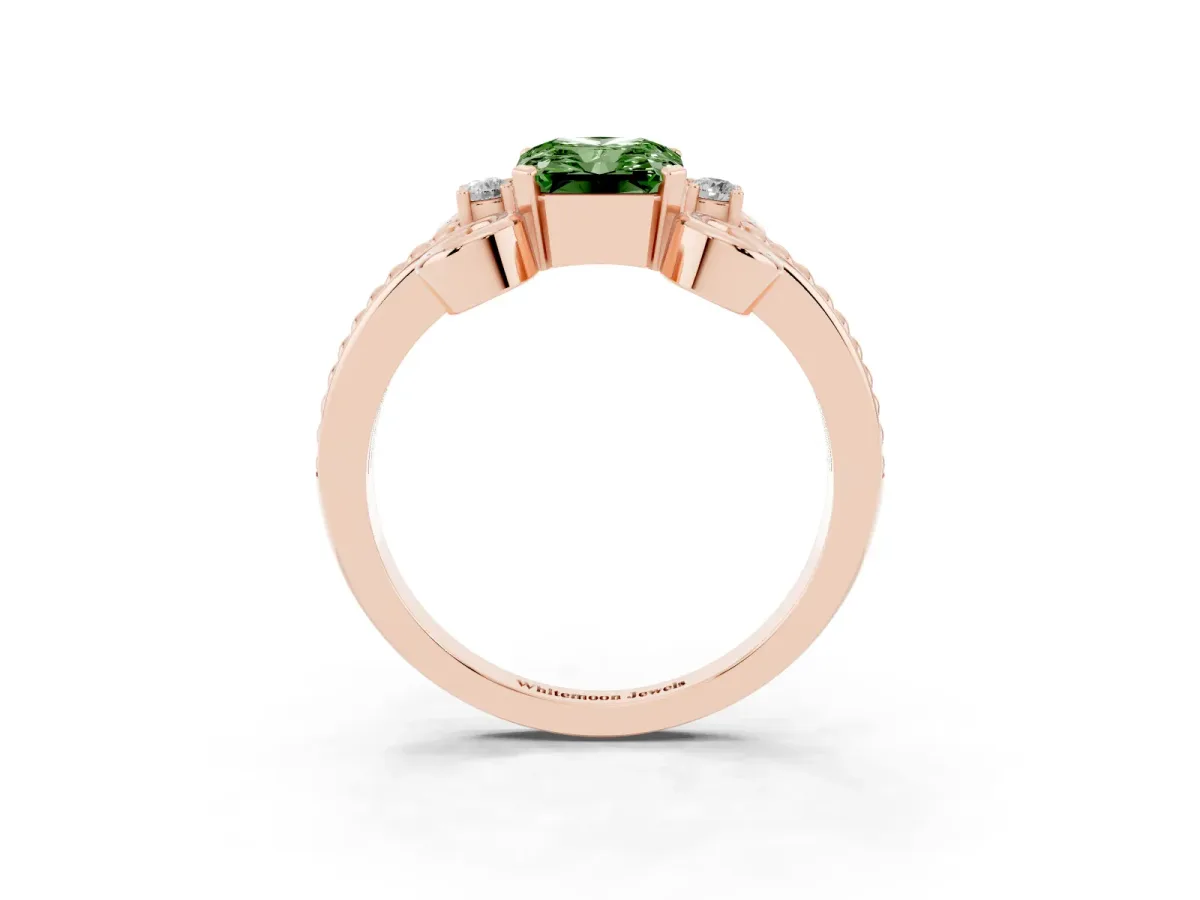 Fancy Green Radiant Cut Solitaire Twisted Band Scroll Prong Ring Rose gold