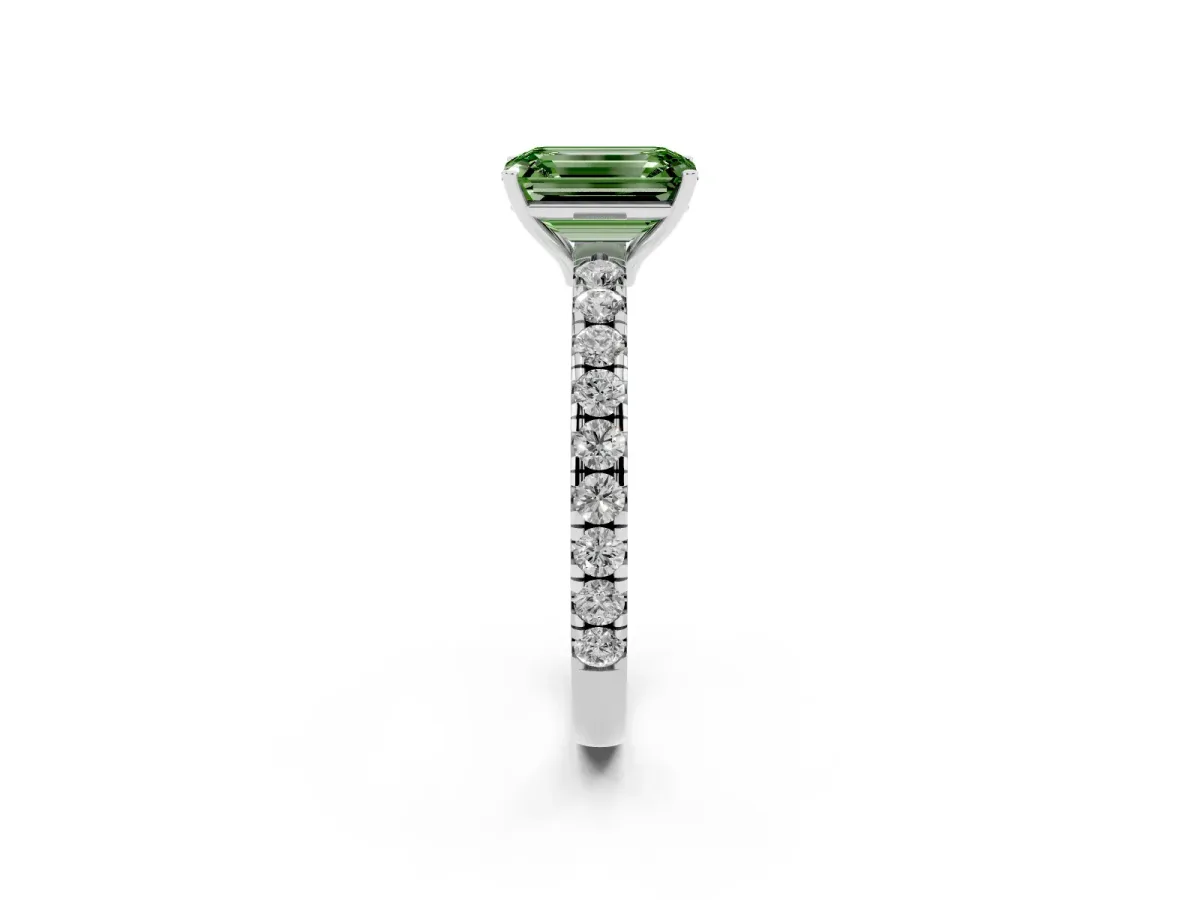 Fancy Green Emerald Cut Diamond Pavé Solitaire Engagement Ring with Four-Prong Setting Platinum