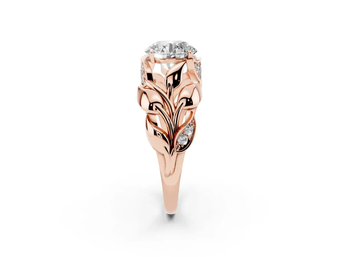 Round Cut Diamond Leaf-Inspired Engagement Ring with Round Accents and Prong Setting Rose gold