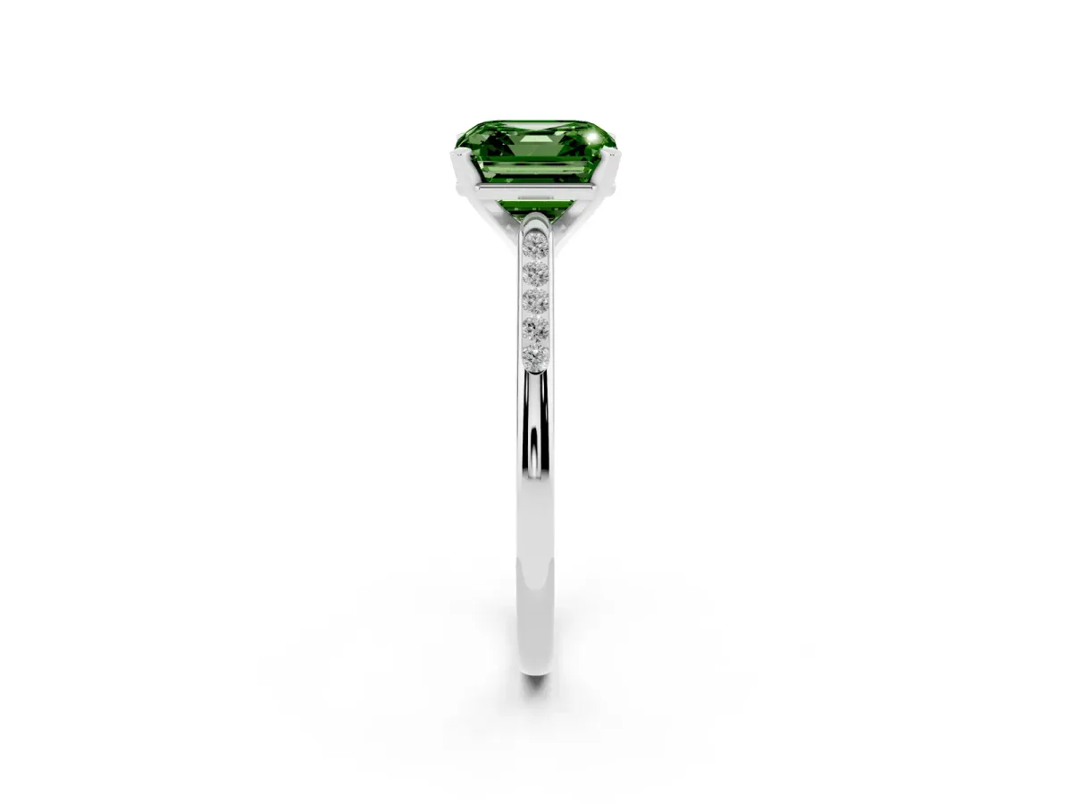 Fancy Green Asscher Cut Diamond Solitaire Ring with Channel Set Round Band and Prong Setting Silver