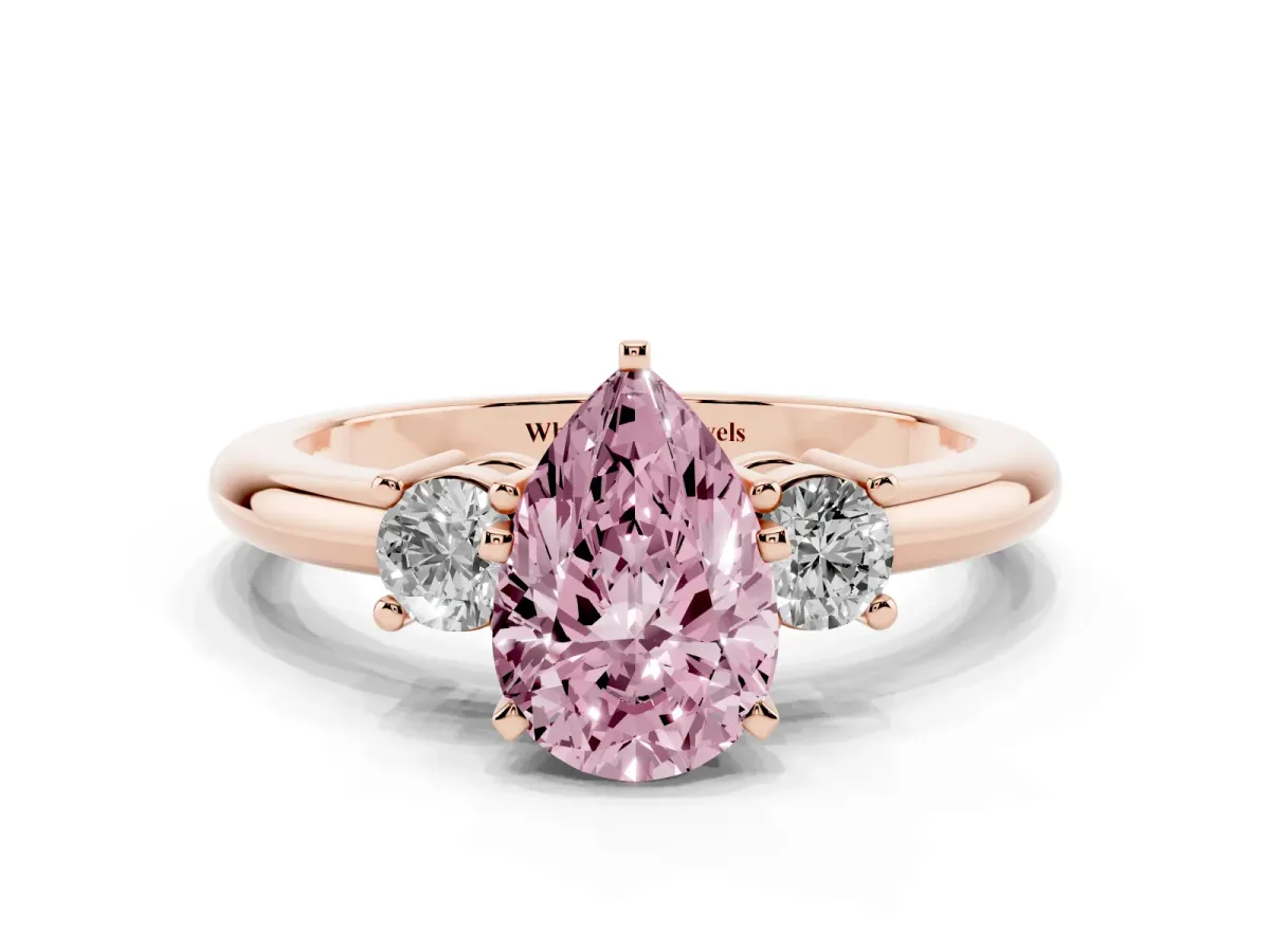 Fancy Pink Three-Stone Pear Cut Cut Diamond Solitaire with Prong Setting and Classic Band Rose gold