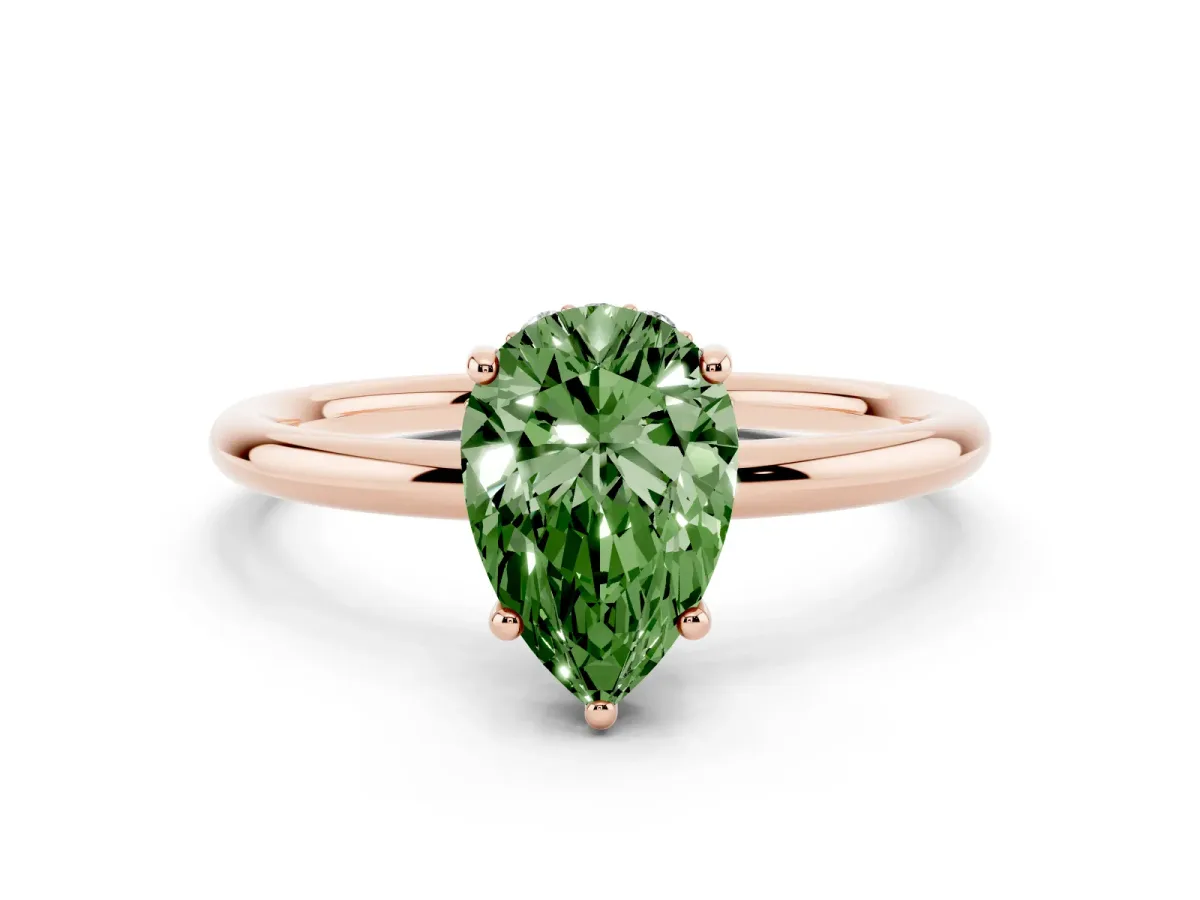 Fancy Green Pear Cut Solitaire Diamond Ring with a Classic Band and Four-Prong Setting Rose gold