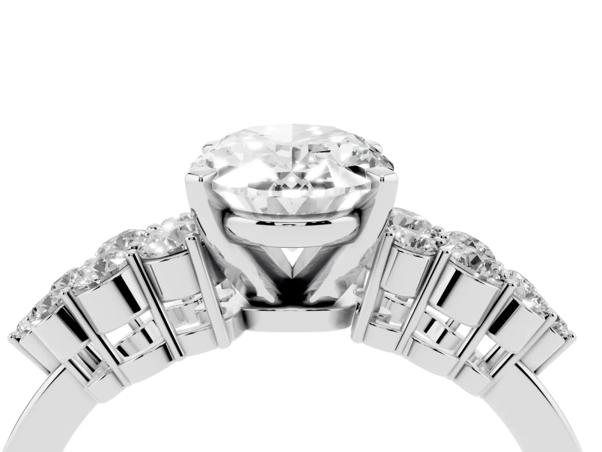 Oval Cut Cluster Diamond Engagement Ring with Pavé Band and Four-Prong Setting Silver