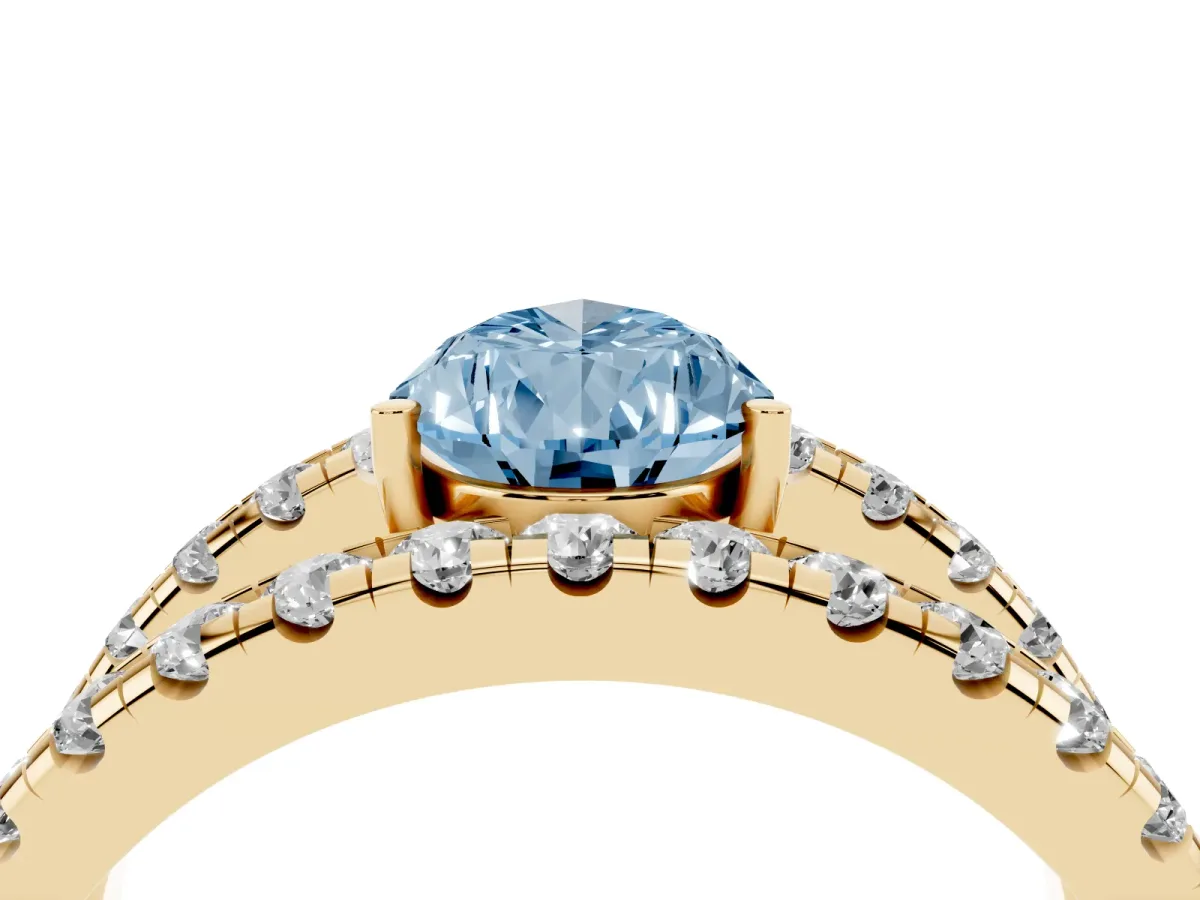 Fancy Blue Pear Cut Solitaire Split Shank Pave Diamond Ring Yellow gold