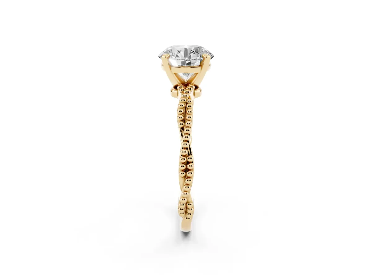 Round Cut Solitaire Twisted Band with Bead Prong Setting Yellow gold