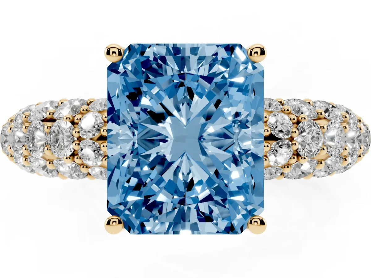 Fancy Blue Radiant Cut Diamond Pavé Band Solitaire Ring with Four-Prong Setting Yellow gold