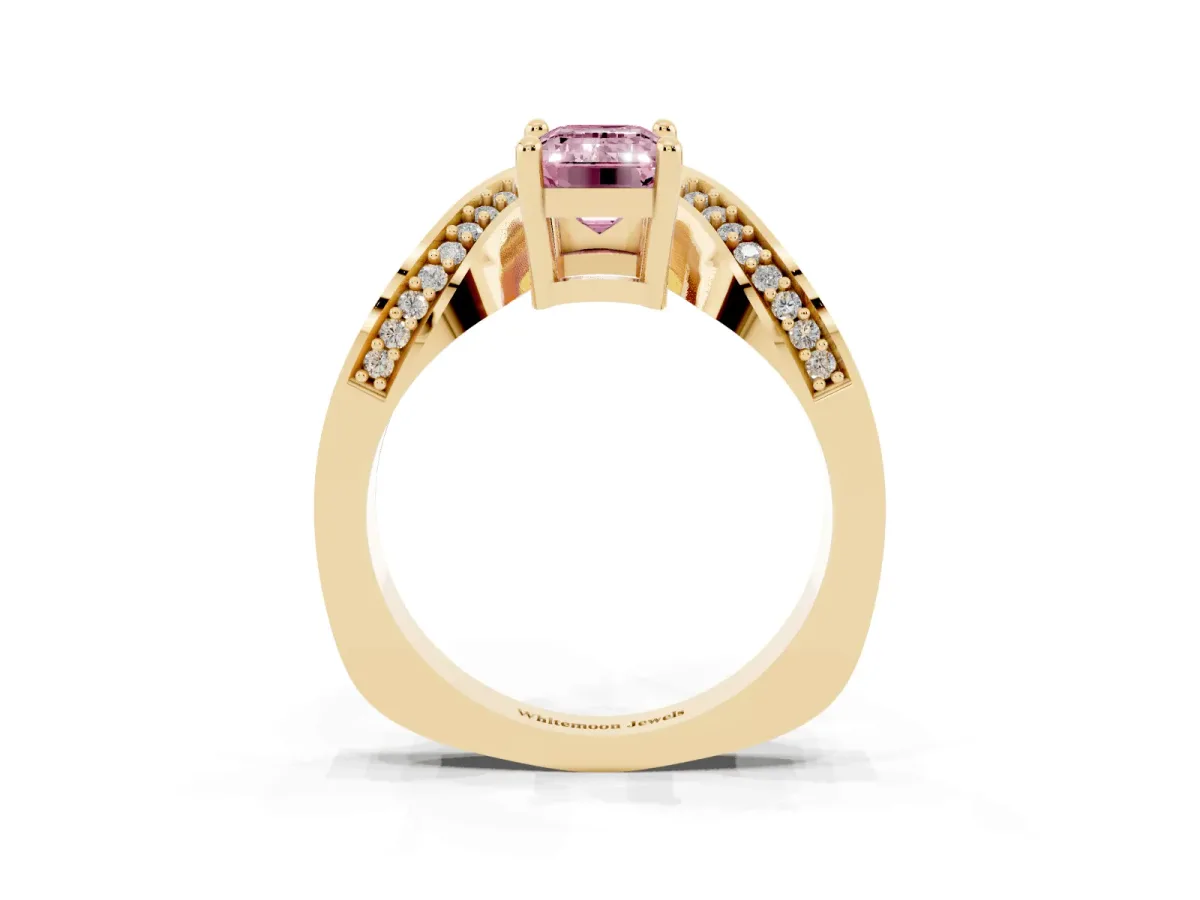 Fancy Pink Emerald Cut Solitaire Diamond Engagement Ring with Pave Band and Four-Prong Setting Yellow gold