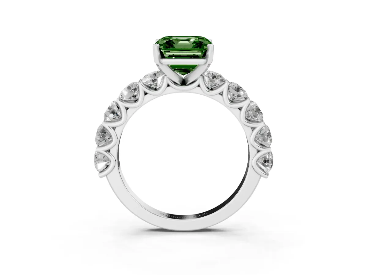 Fancy Green Asscher Cut Diamond Prong Setting with Side Stones on a Pave Band Silver