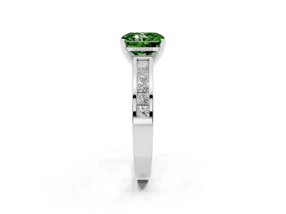 Fancy Green Radiant Cut Solitaire Diamond Ring with Channel-Set Band and Four-Prong Setting Silver