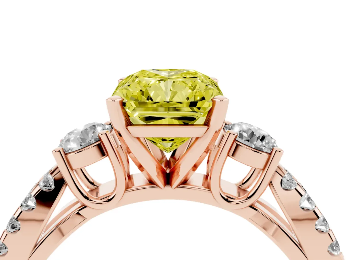 Fancy Yellow Radiant Cut Diamond Three-Stone Ring with Pavé Split Shank and Four-Prong Setting Rose gold