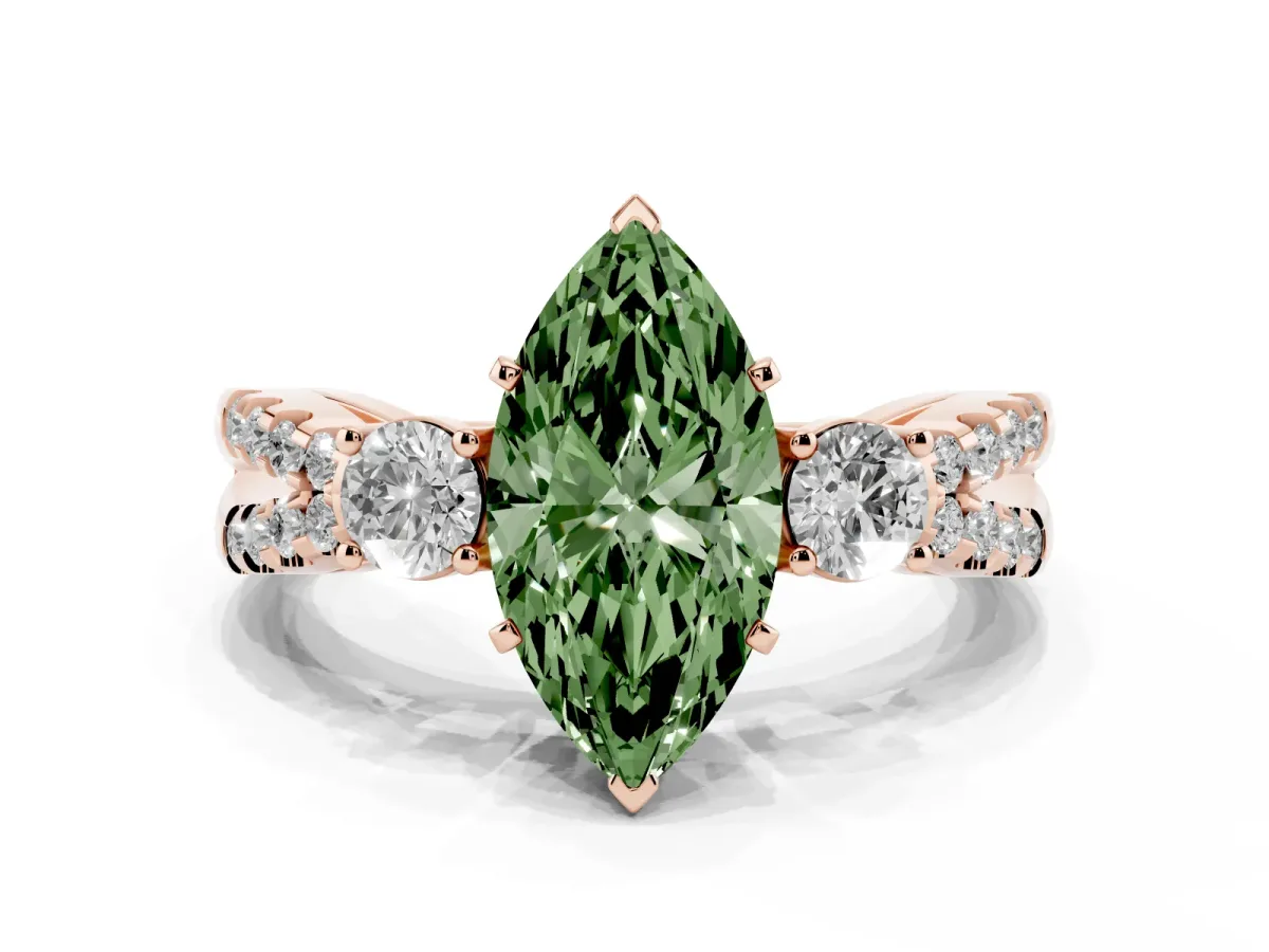 Fancy Green Marquise Cut Diamond Three-Stone Ring with Pavé Split Shank and Four-Prong Setting Rose gold