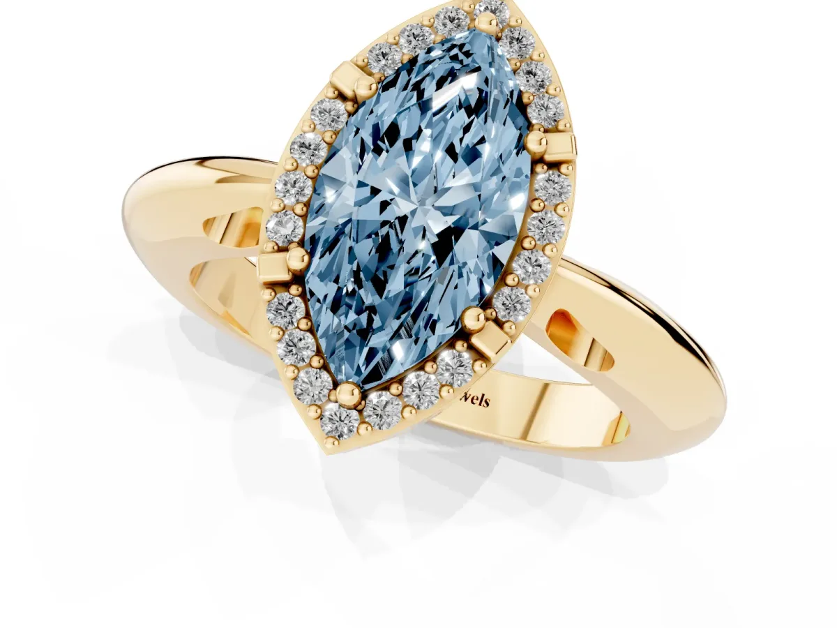 Fancy Blue Marquise Cut Cut Diamond Halo Engagement Ring with Split Shank and Four-Prong Setting Yellow gold