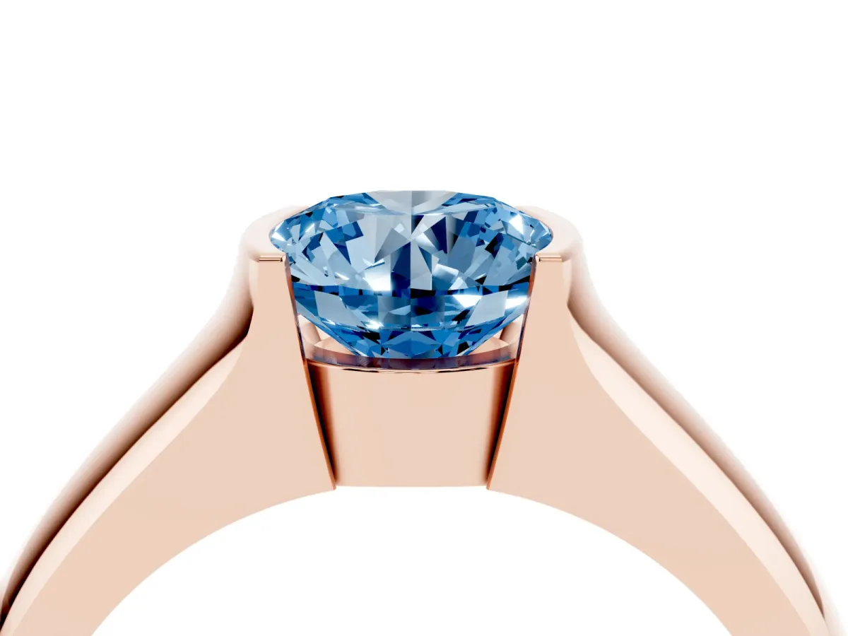 Fancy Blue Round Cut Solitaire Bezel Set Diamond Ring with Wide Band Rose gold