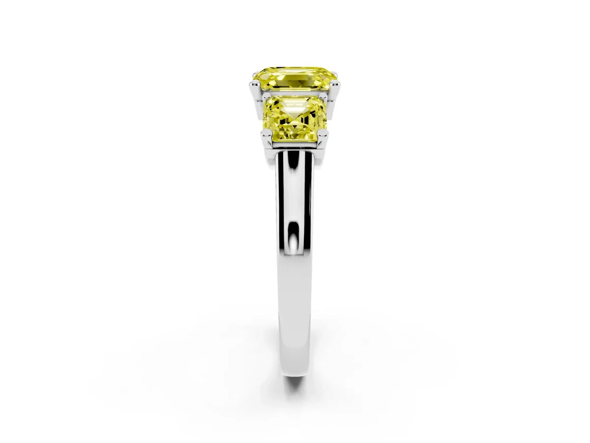 Fancy Yellow Three-Stone Asscher Cut Brilliant Diamond Trellis Ring with Comfort Fit Band Silver