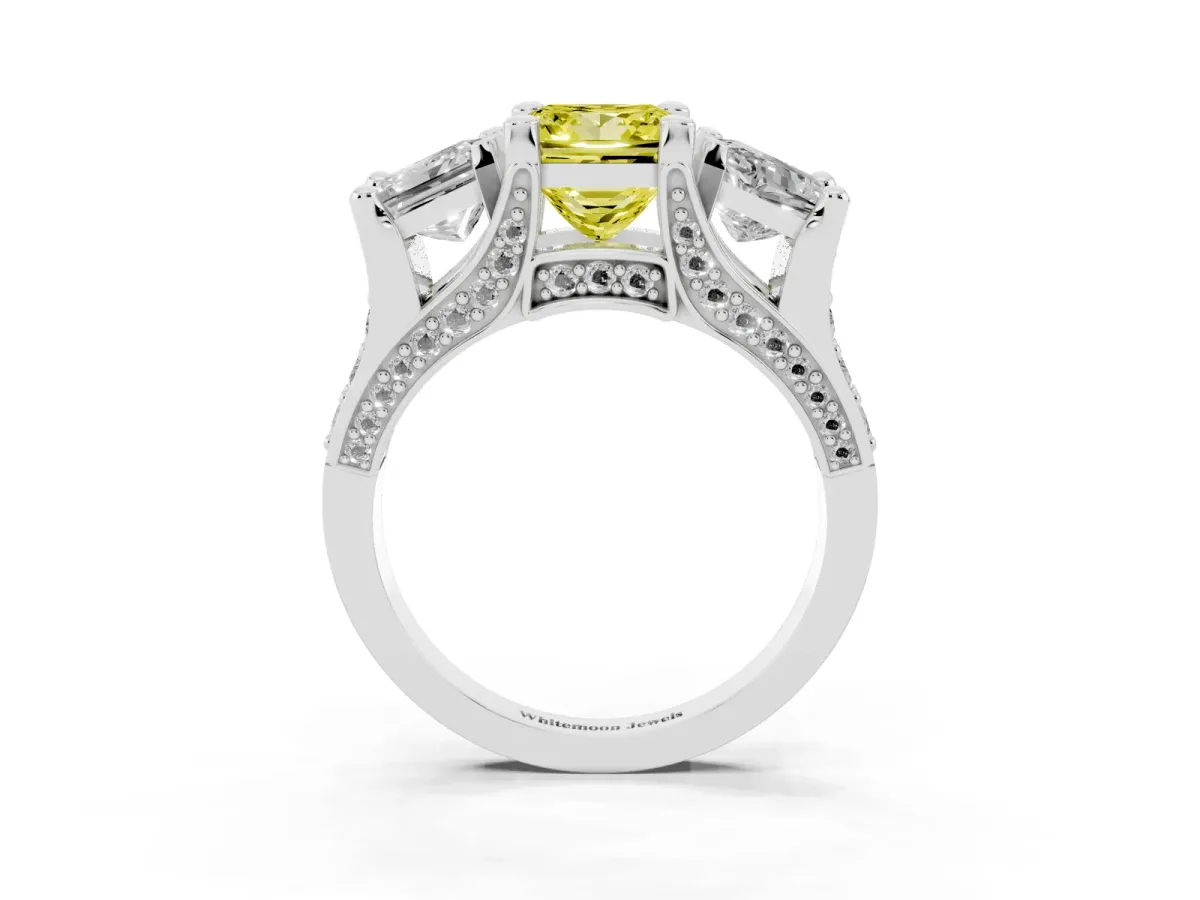 Fancy Yellow Princess Cut Diamond Three-Stone Ring with Channel Set Band and Four-Prong Setting Silver