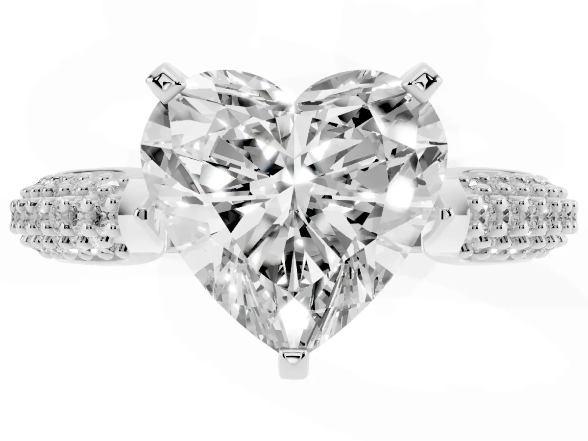 Heart Cut Diamond Solitaire Engagement Ring with Multi-Row Round Pavé Band and Prong Setting White gold