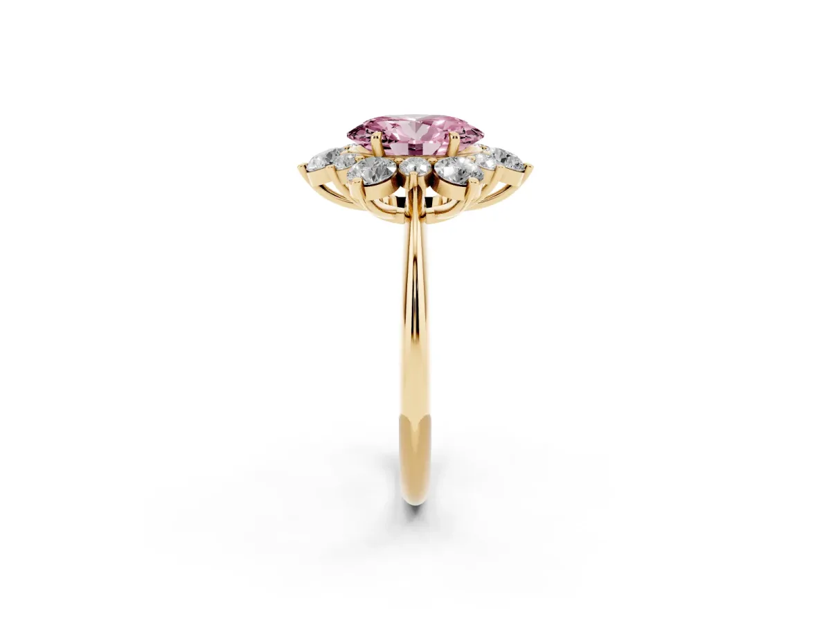 Fancy Pink Oval Cut Diamond Cluster Halo Ring with Solitaire Band and Four-Prong Setting Yellow gold