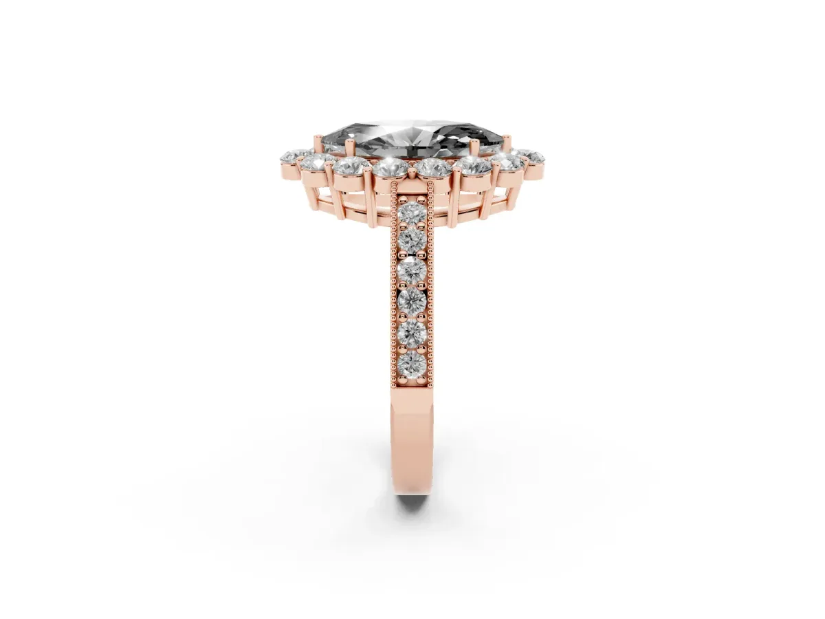 Fancy Black Marquise Cut Cut Halo Diamond Pavé Engagement Ring with Milgrain Detailing Rose gold