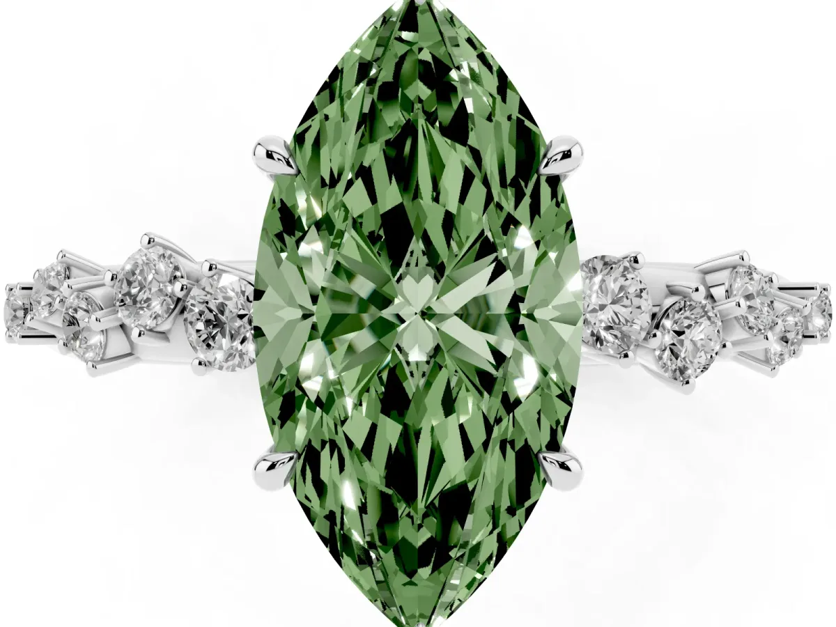 Fancy Green Marquise Cut Diamond Cluster Side Stone Solitaire Ring with Prong Setting Silver