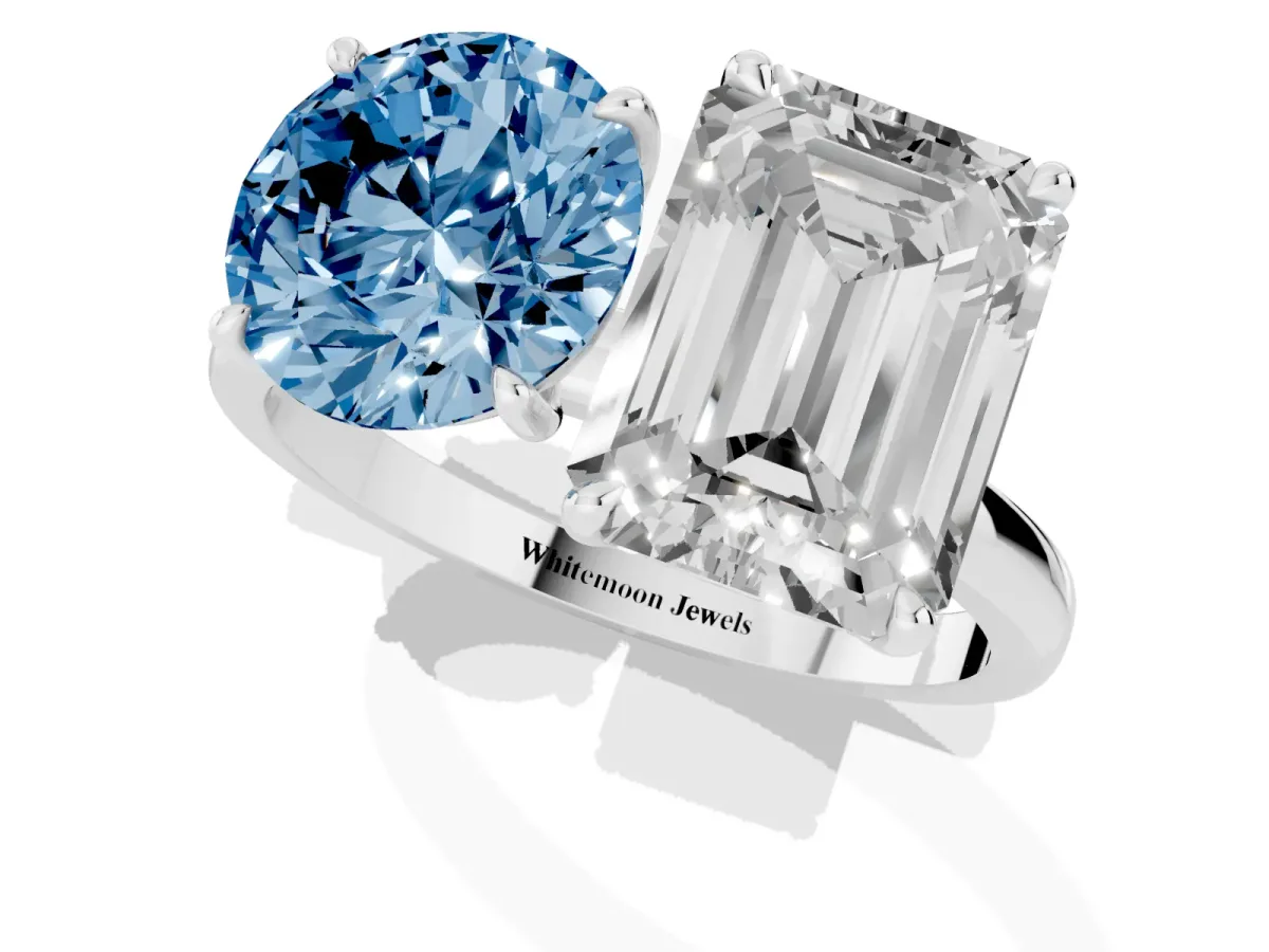 Fancy Blue Round Cut and Emerald Cut Toi Moi Ring with Prong Setting Silver