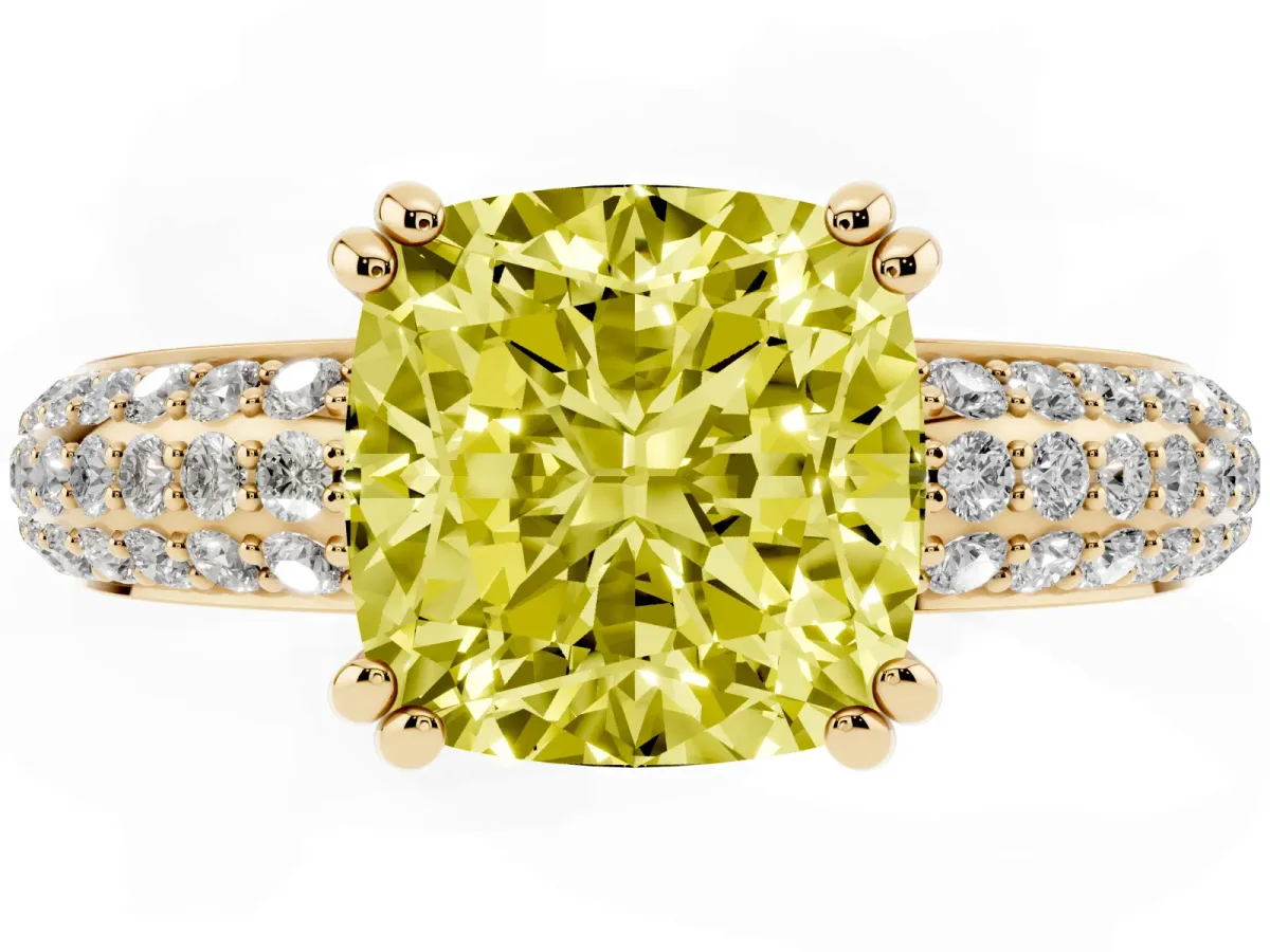 Fancy Yellow Cushion Cut Diamond Solitaire Ring with Multi-Row Round Pavé Band and Prong Setting Yellow gold