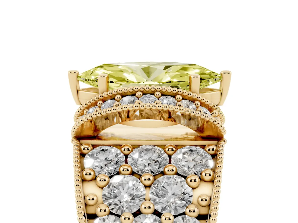 Fancy Yellow Marquise Cut Halo Pave Diamond Engagement Ring with Milgrain Detailing Yellow gold