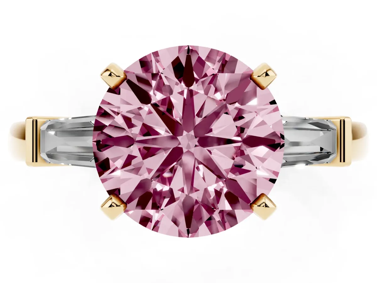 Fancy Pink Round Cut Cut Diamond Solitaire Ring with Tapered Baguette Accents and Four-Prong Setting Yellow gold