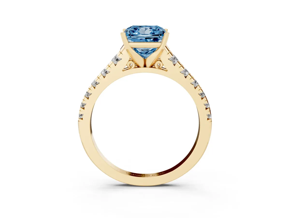 Fancy Blue Princess Cut Diamond Cathedral Solitaire Ring with Round Pavé Band Yellow gold