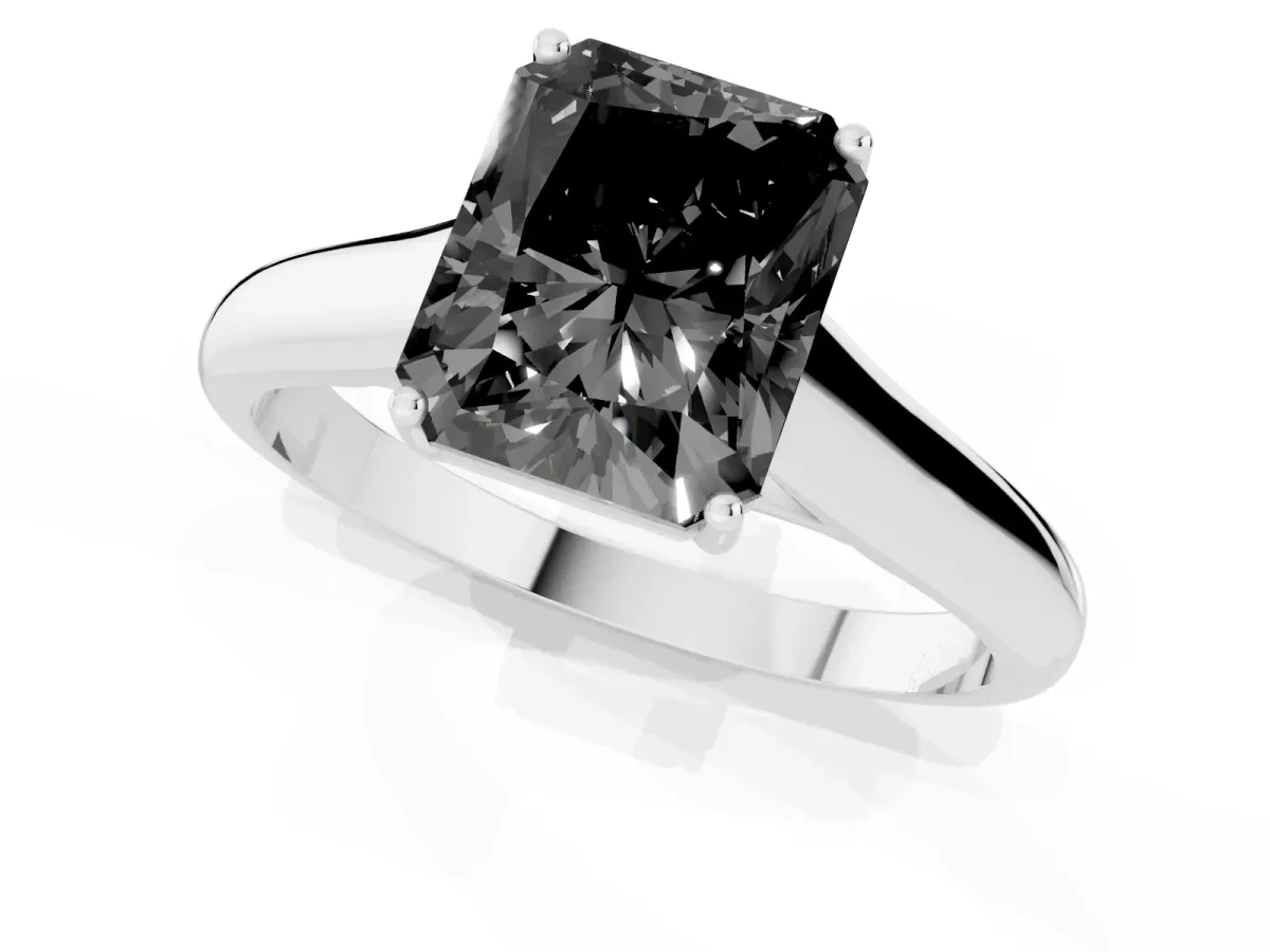 Fancy Black Radiant Cut Solitaire Engagement Ring with Tapered Band and Four-Prong Setting Silver